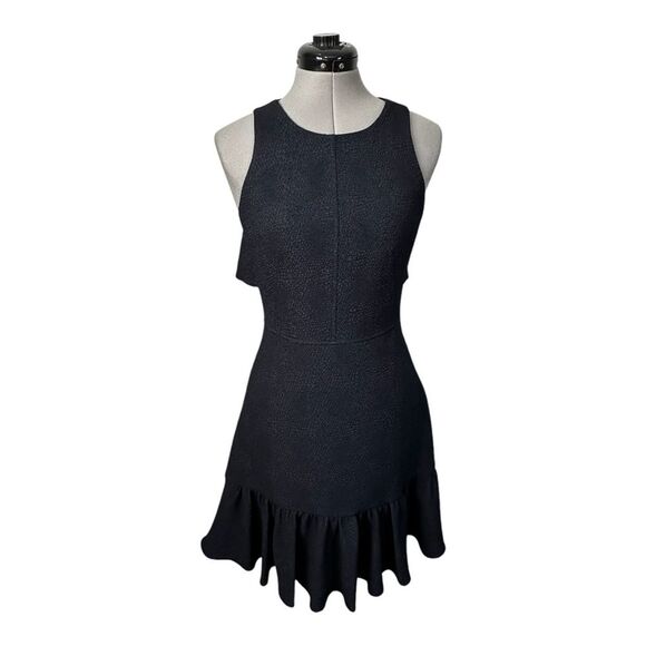 REBECCA TAYLOR Dress Sz 2 Textured Stretch Woven Ruffle Cut Out Back Black - Picture 1 of 16